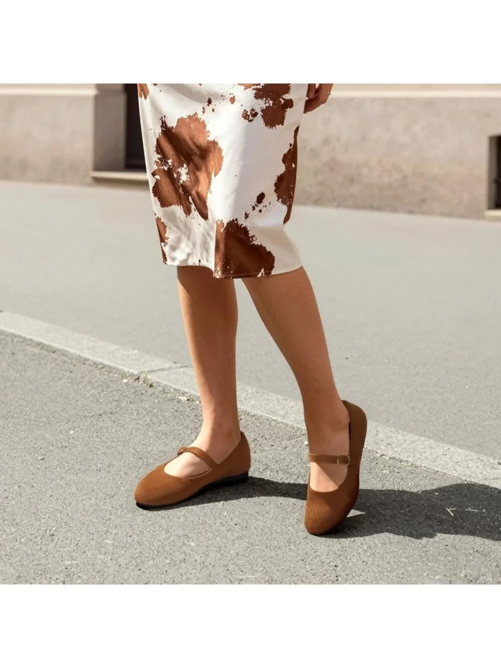 Women's Brown Knit Mary Jane Ballet Flat Comfortable For Casual Office Shoes